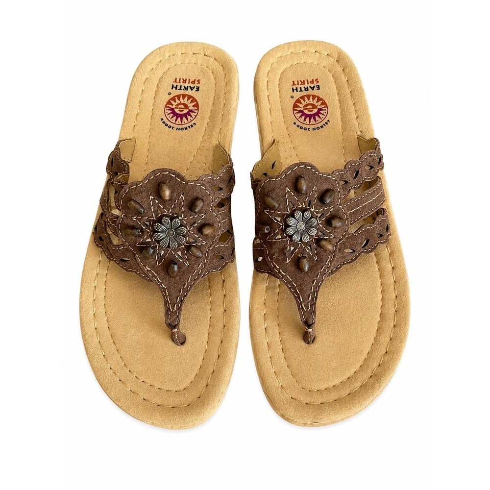 Earth Spirit Womens Brown Floral Cutout Thong Sandals Gelron 2000 US 7 EU 38